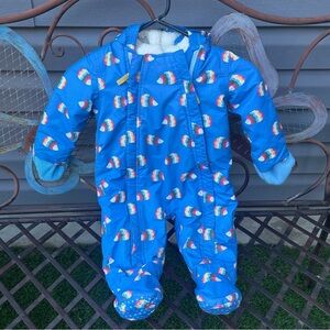 Baby Boden Blue Fleece snowsuit with rainbow hedgehogs